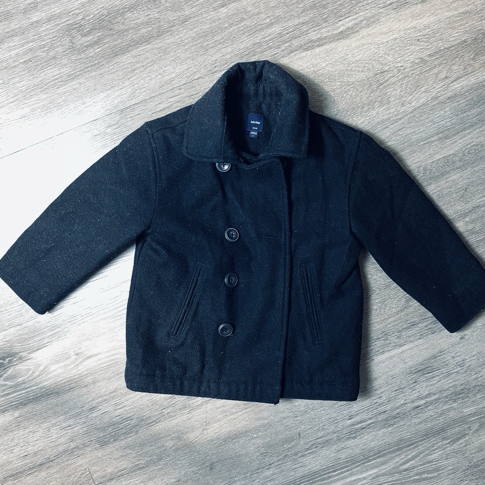 Baby Gap Toddler Wool Peacoat Jacket Lot Black Gray Size 3T Double Breasted - Picture 6 of 11